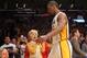 LOS ANGELES, CA - APRIL 22: Metta World Peace #15 of the Los Angeles Lakers leaves the court after being ejected for hitting James Harden #13 of the Oklahoma City Thunder at Staples Center on April 22, 2012 in Los Angeles, California. The Lakers won 114-106 in double overtime. NOTE TO USER: User expressly acknowledges and agrees that, by downloading and or using this photograph, User is consenting to the terms and conditions of the Getty Images License Agreement. (Photo by Stephen Dunn/Getty Images)