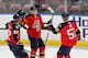 SUNRISE, FL - MARCH 13: Sean Bergenheim #20 is congratulated by Tomas Kopecky #82 and Marcel Goc #57 of the Florida Panthers after scoring his second goal of the game against the Toronto Maple Leafs on March 13, 2012 at the BankAtlantic Center in Sunrise, Florida. The Panthers defeated the Maple Leafs 5-2. (Photo by Joel Auerbach/Getty Images)