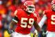 KANSAS CITY, MO - JANUARY 09: Linebacker Jovan Belcher #59 of the Kansas City Chiefs celebrates a sack of quarterback Joe Flacco #5 of the Baltimore Ravens during their 2011 AFC wild card playoff game at Arrowhead Stadium on January 9, 2011 in Kansas City, Missouri. (Photo by Dilip Vishwanat/Getty Images)