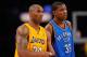 LOS ANGELES, CA - APRIL 27: Kobe Bryant #24 of the Los Angeles Lakers stands next to Kevin Durant #35 of the Oklahoma City Thunder during Game Two of the Western Conference Quarterfinals of the 2010 NBA Playoffs at Staples Center on April 27, 2010 in Los Angeles, California. (Photo by Kevork Djansezian/Getty Images)