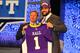 NEW YORK, NY - APRIL 26: Matt Kalil (R) from USC holds up a jersey as he stands on stage with NFL Commissioner Roger Goodell after he was selected #4 overall by the Minnesota Vikings in the first round of the 2012 NFL Draft at Radio City Music Hall on April 26, 2012 in New York City. (Photo by Al Bello/Getty Images)