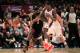 NEW YORK, NY - APRIL 15: LeBron James #6 of the Miami Heat drives against Iman Shumpert #21 of the New York Knicks at Madison Square Garden on April 15, 2012 in New York City. NOTE TO USER: User expressly acknowledges and agrees that, by downloading and/or using this Photograph, user is consenting to the terms and conditions of the Getty Images License Agreement. (Photo by Chris Trotman/Getty Images)