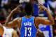 LOS ANGELES, CA - APRIL 16: James Harden #13 of the Oklahoma City Thunder reacts afterscoring a three point basket against the Los Angeles Clippers during the second quarter of the NBA basketball game at Staples Center on April 16, 2012 in Los Angeles, California.NOTE TO USER: User expressly acknowledges and agrees that, by downloading and or using this photograph, User is consenting to the terms and conditions of the Getty Images License Agreement. (Photo by Kevork Djansezian/Getty Images)