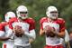 FLAGSTAFF, AZ - AUGUST 04: Quarterbacks Kevin Kolb #4 and John Skelton #19 of the Arizona Cardinals drop back to pass during the team training camp at Northern Arizona University on August 4, 2011 in Flagstaff, Arizona. (Photo by Christian Petersen/Getty Images)