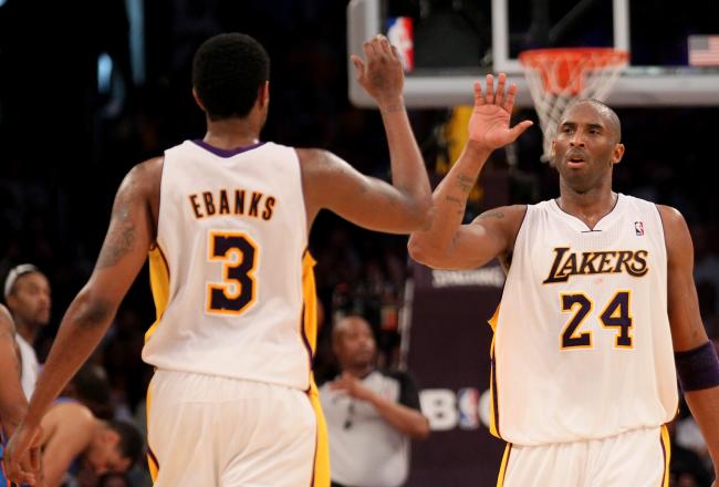 Kobe is scoreless but Devin Ebanks has two points midway through the first quarter.