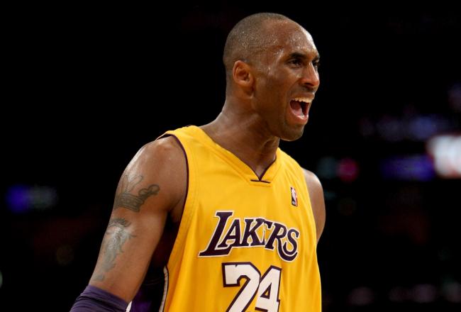 Kobe Bryant has been frustrated by Denver's defense today but his team is winning by ten at the half.
