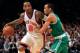 NEW YORK, NY - APRIL 17: J.R. Smith #8 of the New York Knicks drives against Avery Bradley #0 of the Boston Celtics at Madison Square Garden on April 17, 2012 in New York City. NOTE TO USER: User expressly acknowledges and agrees that, by downloading and/or using this Photograph, user is consenting to the terms and conditions of the Getty Images License Agreement. (Photo by Chris Trotman/Getty Images)