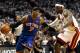 MIAMI, FL - APRIL 28: Forward Carmelo Anthony #7 (L) of the New York Knicks is defended by Forward LeBron James #6 of the Miami Heat in Game One of the Eastern Conference Quarterfinals in the 2012 NBA Playoffs on April 28, 2012 at the American Airines Arena in Miami, Florida. NOTE TO USER: User expressly acknowledges and agrees that, by downloading and or using this photograph, User is consenting to the terms and conditions of the Getty Images License Agreement. (Photo by Marc Serota/Getty Images)