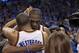 OKLAHOMA CITY, OK - APRIL 28: Kevin Durant #35 of the Oklahoma City Thunder celebrates with Russell Westbrook #0 of the Oklahoma City Thunder after beating the Dallas Mavericks in Game One of the Western Conference Quarterfinals in the 2012 NBA Playoffs on April 28, 2012 at the Chesapeake Energy Arena in Oklahoma City, Oklahoma. Oklahoma City defeated Dallas 99-98. NOTE TO USER: User expressly acknowledges and agrees that, by downloading and or using the photograph, User is consenting to the terms and conditions of the Getty Images License Agreement. (Photo by Brett Deering/Getty Images)