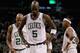 BOSTON, MA - JANUARY 06: Kevin Garnett #5, Ray Allen #20 and Paul Pierce #34 of the Boston Celtics react in the fourth quarter against the Indiana Pacers on January 6, 2012 at TD Garden in Boston, Massachusetts. The Indiana Pacers defeated the Boston Celtics 87-74. NOTE TO USER: User expressly acknowledges and agrees that, by downloading and or using this photograph, User is consenting to the terms and conditions of the Getty Images License Agreement. (Photo by Elsa/Getty Images)