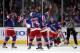 NEW YORK, NY - APRIL 30: (L-R) Marian Gaborik #10, Brad Richards #19, Michael Del Zotto #4 and Ryan Callahan #24 of the New York Rangers celebrate after Callahan scored a goal in the third period against the Washington Capitals in Game Two of the Eastern Conference Semifinals during the 2012 NHL Stanley Cup Playoffs at Madison Square Garden on April 30, 2012 in New York City. (Photo by Bruce Bennett/Getty Images)