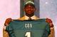 NEW YORK, NY - APRIL 26: Fletcher Cox of Mississippi State holds up a jersey as he stands on stage after he was selected #12 overall by the Philadelphia Eagles in the first round of the 2012 NFL Draft at Radio City Music Hall on April 26, 2012 in New York City. (Photo by Al Bello/Getty Images)