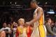 LOS ANGELES, CA - APRIL 22: Metta World Peace #15 of the Los Angeles Lakers leaves the court after being ejected for hitting James Harden #13 of the Oklahoma City Thunder at Staples Center on April 22, 2012 in Los Angeles, California. The Lakers won 114-106 in double overtime. NOTE TO USER: User expressly acknowledges and agrees that, by downloading and or using this photograph, User is consenting to the terms and conditions of the Getty Images License Agreement. (Photo by Stephen Dunn/Getty Images)