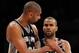LOS ANGELES, CA - APRIL 17: Tim Duncan #21 and Tony Parker #9 of the San Antonio Spurs talk during a break in the game against the Los Angeles Lakers at Staples Center on April 17, 2012 in Los Angeles, California. NOTE TO USER: User expressly acknowledges and agrees that, by downloading and or using this photograph, User is consenting to the terms and conditions of the Getty Images License Agreement. (Photo by Harry How/Getty Images)