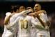 BILBAO, SPAIN - MAY 02: Pepe (R) of Real Madrid CF celebrates with teammates after Real scored their first goal during the La Liga match between Athletic Club and Real Madrid CF at estadio San Mames on May 2, 2012 in Bilbao, Spain. (Photo by Denis Doyle/Getty Images)