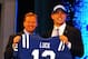 NEW YORK, NY - APRIL 26: Andrew Luck (R) from Stanford holds up a jersey as he stands on stage with NFL Commissioner Roger Goodell after Luck was selected #1 overall by the Indianapolis Colts in the first round of the 2012 NFL Draft at Radio City Music Hall on April 26, 2012 in New York City. (Photo by Al Bello/Getty Images)