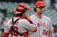 CLEVELAND, OH - APRIL 28: Catcher Bobby Wilson #46 talks with starting pitcher Dan Haren #24 of the Los Angeles Angels of Anaheim during the seventh inning against the Cleveland Indians at Progressive Field on April 28, 2012 in Cleveland, Ohio. (Photo by Jason Miller/Getty Images)