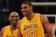 LOS ANGELES, CA - FEBRUARY 20: Andrew Bynum #17 and Kobe Bryant #24 of the Los Angeles Lakers smile as they head back to the bench leading the Portland Trail Blazers during the fourth quarter at Staples Center on February 20, 2012 in Los Angeles, California. NOTE TO USER: User expressly acknowledges and agrees that, by downloading and or using this photograph, User is consenting to the terms and conditions of the Getty Images License Agreement. The Lakers won 103-92. (Photo by Harry How/Getty Images)