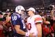 INDIANAPOLIS - SEPTEMBER 19: Eli Manning #10 of the New York Giants and Peyton Manning #18 of the Indianapolis Colts embrace following the Colts 38-14 win at Lucas Oil Stadium on September 19, 2010 in Indianapolis, Indiana. (Photo by Andy Lyons/Getty Images)