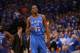 DALLAS, TX - MAY 03: Kevin Durant #35 of the Oklahoma City Thunder reacts against the Dallas Mavericks during Game Three of the Western Conference Quarterfinal at American Airlines Center on May 3, 2012 in Dallas, Texas. NOTE TO USER: User expressly acknowledges and agrees that, by downloading and or using this photograph, User is consenting to the terms and conditions of the Getty Images License Agreement. (Photo by Ronald Martinez/Getty Images)