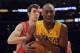 LOS ANGELES, CA - APRIL 06: Kobe Bryant #24 of the Los Angeles Lakers reacts as he is fouled in front of Goran Dragic #3 of the Houston Rockets at Staples Center on April 6, 2012 in Los Angeles, California. NOTE TO USER: User expressly acknowledges and agrees that, by downloading and or using this photograph, User is consenting to the terms and conditions of the Getty Images License Agreement. (Photo by Harry How/Getty Images)