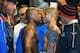LAS VEGAS, NV - MAY 04: WBA super welterweight champion Miguel Cotto (R) and Floyd Mayweather Jr. face off during the official weigh-in for their bout at the MGM Grand Garden Arena on May 4, 2012 in Las Vegas, Nevada. Cotto will defend his title against Mayweather on May 5, 2012 in Las Vegas. (Photo by Al Bello/Getty Images)