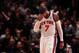 NEW YORK, NY - MAY 03: Carmelo Anthony #7 of the New York Knicks reacts in the fourth quarter against the Miami Heat in Game Three of the Eastern Conference Quarterfinals in the 2012 NBA Playoffs on May 3, 2012 at Madison Square Garden in New York City. NOTE TO USER: User expressly acknowledges and agrees that, by downloading and or using this photograph, User is consenting to the terms and conditions of the Getty Images License Agreement. (Photo by Jeff Zelevansky/Getty Images)