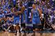 DALLAS, TX - MAY 05: (L-R) James Harden #13, Kevin Durant #35 and Russell Westbrook #0 of the Oklahoma City Thunder celebrate after scoring with 10 seconds against the Dallas Mavericks during Game Four of the Western Conference Quarterfinals in the 2012 NBA Playoffs at American Airlines Center on May 5, 2012 in Dallas, Texas. NOTE TO USER: User expressly acknowledges and agrees that, by downloading and or using this photograph, User is consenting to the terms and conditions of the Getty Images License Agreement. (Photo by Ronald Martinez/Getty Images)