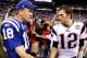 INDIANAPOLIS - NOVEMBER 15: Quarterback Peyton Manning #18 of the Indianapolis Colts greets Tom Brady #12 of the New England Patriots after the game at Lucas Oil Stadium on November 15, 2009 in Indianapolis, Indiana. The Colts won the game 35-34. (Photo by Jamie Squire/Getty Images)