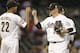 HOUSTON,TX - APRIL 30: Pitcher Brett Myers #39 of the Houston Astros high fives Justin Maxwell #22 after defeating the New York Mets 4-3 on April 30, 2012 at Minute Maid Park in Houston, Texas.(Photo by Bob Levey/Getty Images)