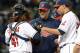 CLEVELAND, OH - MAY 9: Catcher Carlos Santana #41 pitching coach Scott Radinsky #36 and starting pitcher Jeanmar Gomez #58 of the Cleveland Indians talk during the fourth inning against the Chicago White Sox at Progressive Field on May 9, 2012 in Cleveland, Ohio. (Photo by Jason Miller/Getty Images)