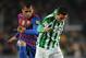 BARCELONA, SPAIN - JANUARY 15: Daniel Alves (L) of FC Barcelona duels for the ball with Ruben Castro of Real Betis Balompie during the la Liga match between FC Barcelona and Real Betis Balompie at the Camp Nou stadium on January 15, 2012 in Barcelona, Spain. (Photo by Jasper Juinen/Getty Images)