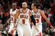 CHICAGO, IL - MAY 15: (L-R) Luol Deng #9, Carlos Boozer #5 and Joakim Noah #13 of the Chicago Bulls get back on defense against the Miami Heat in Game One of the Eastern Conference Finals during the 2011 NBA Playoffs on May 15, 2011 at the United Center in Chicago, Illinois. NOTE TO USER: User expressly acknowledges and agrees that, by downloading and or using this photograph, User is consenting to the terms and conditions of the Getty Images License Agreement (Photo by Gregory Shamus/Getty Images)
