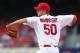 ST. LOUIS, MO - MAY 12: Starter Adam Wainwright #50 of the St. Louis Cardinals pitches against the Atlanta Braves at Busch Stadium on May 12, 2012 in St. Louis, Missouri. (Photo by Dilip Vishwanat/Getty Images)