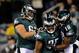 PHILADELPHIA, PA - DECEMBER 18: LeSean McCoy #25 of the Philadelphia Eagles celebrates with his teammates Jeremy Maclin #18 and Danny Watkins #63 after scoring a touchdown against the New York Jets at Lincoln Financial Field on December 18, 2011 in Philadelphia, Pennsylvania. (Photo by Patrick McDermott/Getty Images)