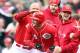 CINCINNATI, OH - APRIL 11: Chris Heisey #28 of the Cincinnati Reds is congratulated by teammates after hitting a single to drive in the game winning run in the bottom of the ninth inning of the game against the St Louis Cardinals at Great American Ball Park on April 11, 2012 in Cincinnati, Ohio. (Photo by Andy Lyons/Getty Images)
