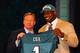 NEW YORK, NY - APRIL 26: Fletcher Cox of Mississippi State holds up a jersey as he stands on stage with NFL Commissioner Roger Goodell after he was selected #12 overall by the Philadelphia Eagles in the first round of the 2012 NFL Draft at Radio City Music Hall on April 26, 2012 in New York City. (Photo by Al Bello/Getty Images)