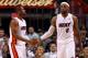 MIAMI, FL - MAY 15: LeBron James #6 and Dwyane Wade #3 of the Miami Heat high-five during Game Two of the Eastern Conference Semifinals in the 2012 NBA Playoffs against the Indiana Pacers at AmericanAirlines Arena on May 15, 2012 in Miami, Florida. NOTE TO USER: User expressly acknowledges and agrees that, by downloading and/or using this Photograph, User is consenting to the terms and conditions of the Getty Images License Agreement. (Photo by Mike Ehrmann/Getty Images)