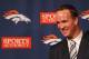 ENGLEWOOD, CO - MARCH 20: Quarterback Peyton Manning speaks during a news conference announcing his contract with the Denver Broncos in the team meeting room at the Paul D. Bowlen Memorial Broncos Centre on March 20, 2012 in Englewood, Colorado. Manning, entering his 15th NFL season, was released by the Indianapolis Colts on March 7, 2012, where he had played his whole career. It has been reported that Manning will sign a five-year, $96 million offer. (Photo by Justin Edmonds/Getty Images)