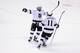 GLENDALE, AZ - MAY 15: Drew Doughty #8 of the Los Angeles Kings skates toward teammate Anze Kopitar #11 after Kopitar assisted on a goal by teammate Jeff Carter #77 (not in photo) in the second period against the Phoenix Coyotes in Game Two of the Western Conference Final during the 2012 NHL Stanley Cup Playoffs at Jobing.com Arena on May 15, 2012 in Phoenix, Arizona. (Photo by Jeff Gross/Getty Images)