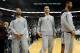 SALT LAKE CITY, UT - MAY 07: (L to R) Tony Parker #9, Manu Ginobili #20 and Tim Duncan #21 of the San Antonio Spurs stand during the national anthem before Game Four of the Western Conference Quarterfinals against the Utah Jazz in the 2012 NBA Playoffs at EnergySolutions Arena on May 7, 2012 in Salt Lake City, Utah. NOTE TO USER: User expressly acknowledges and agrees that, by downloading and or using this photograph, User is consenting to the terms and conditions of the Getty Images License Agreement. (Photo by Steve Dykes/Getty Images)