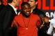LAS VEGAS - APRIL 30: Boxer Andre Berto reacts to the crowd from the stage before the start of the Floyd Mayweather Jr. and Shane Mosley weigh-in at the MGM Grand Garden Arena on April 30, 2010 in Las Vegas, Nevada. Mayweather and Mosley will meet in a 12-round welterweight bout on May 1, 2010 in Las Vegas. (Photo by Ethan Miller/Getty Images)