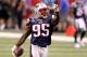 INDIANAPOLIS, IN - FEBRUARY 05: Mark Anderson #95 of the New England Patriots reacts after he recorded a sack against Eli Manning #10 of the New York Giants during Super Bowl XLVI at Lucas Oil Stadium on February 5, 2012 in Indianapolis, Indiana. The Giants won 21-17. (Photo by Andy Lyons/Getty Images)