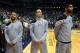 SALT LAKE CITY, UT - MAY 07: (L to R) Tony Parker #9, Manu Ginobili #20 and Tim Duncan #21 of the San Antonio Spurs stand during the national anthem before Game Four of the Western Conference Quarterfinals against the Utah Jazz in the 2012 NBA Playoffs at EnergySolutions Arena on May 7, 2012 in Salt Lake City, Utah. NOTE TO USER: User expressly acknowledges and agrees that, by downloading and or using this photograph, User is consenting to the terms and conditions of the Getty Images License Agreement. (Photo by Steve Dykes/Getty Images)