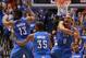 DALLAS, TX - MAY 05: (L-R) James Harden #13, Kevin Durant #35 and Russell Westbrook #0 of the Oklahoma City Thunder celebrate after scoring with 10 seconds against the Dallas Mavericks during Game Four of the Western Conference Quarterfinals in the 2012 NBA Playoffs at American Airlines Center on May 5, 2012 in Dallas, Texas. NOTE TO USER: User expressly acknowledges and agrees that, by downloading and or using this photograph, User is consenting to the terms and conditions of the Getty Images License Agreement. (Photo by Ronald Martinez/Getty Images)
