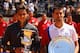 ROME, ITALY - MAY 21: Rafael Nadal of Spain holds his winners trophy after defeating Novak Djokovic of Serbia in their final match during day ten of the Internazionali BNL d'Italia 2012 at the Foro Italico Tennis Centre on May 21, 2012 in Rome, Italy. (Photo by Clive Brunskill/Getty Images)
