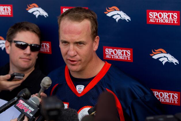 Denver Broncos QB Peyton Manning Having Some Fun at OTAs on Field, with Press