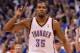 OKLAHOMA CITY, OK - MAY 21: Kevin Durant #35 of the Oklahoma City Thunder reacts after a three-point shot against the Los Angeles Lakers during Game Five of the Western Conference Semifinals of the 2012 NBA Playoffs at Chesapeake Energy Arena on May 21, 2012 in Oklahoma City, Oklahoma. NOTE TO USER: User expressly acknowledges and agrees that, by downloading and or using this photograph, User is consenting to the terms and conditions of the Getty Images License Agreement. (Photo by Ronald Martinez/Getty Images)