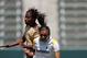 CARSON, CA - APRIL 19: Kandace Wilson #9 of FC Gold Pride goes up for the header against Marta #10 of the Los Angeles Sol during the WPS match at The Home Depot Center on April 19, 2009 in Carson, California. (Photo by Victor Decolongon/Getty Images)