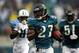 JACKSONVILLE, FL - NOVEMBER 05: Defensive Back Rashean Mathis #27 of the Jacksonville Jaguars runs back an interception against the Tennessee Titans November 5, 2006 at Alltel Stadium in Jacksonville, Florida. (Photo by Marc Serota/Getty Images)